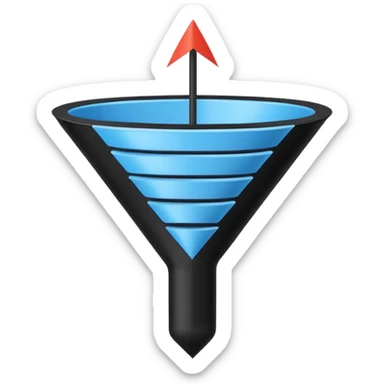 Minimalistic flat vector icon, iOS style, thin black contour on white background. Sales funnel shape with arrows pointing downward. Clean, no text, no shadows.
 sticker