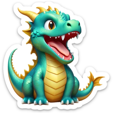 Cinematic Cute Yawning Dragon Portrait Emoji, Head tilted slightly with a dramatic, wide-open yawn, showcasing a soft, lustrous scaled body with gently drooping fins and half-closed, drowsy eyes, each scale rendered in exquisite detail under natural light; high shine, relaxed yet expressive, styled with a dash of fantastical charm, soft glowing outline, capturing the essence of a sleepy yet affectionate dragon that appears ready to stretch out and rest in its enchanted lair! sticker