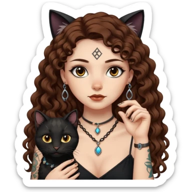 woman with long curly brown hair, brown eyes, white skin, tattoos, black cat wearing tiny rune necklace judging everyone sticker