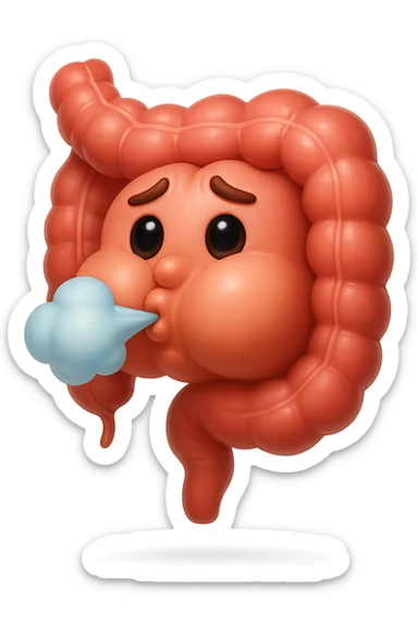 emoji stile iphone di un intestino che ingoia una nuvoletta di aria ben visibile e gli si gonfia la pancia, non fargli il naso, iperrealistico 4k sticker