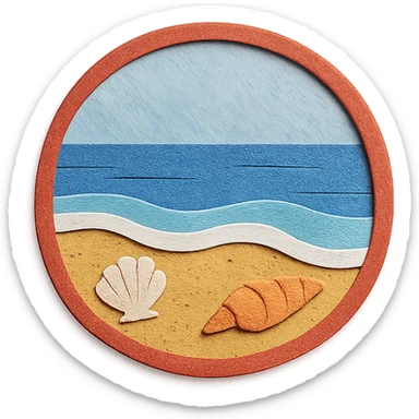 view of the ocean from the beach with sand, shells, and gentle waves, red and white sticker