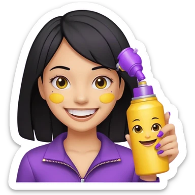 a girl with shiny black hair, big smile showing yellow teeth, holding a closed purple spray can, Genmoji emoji style sticker