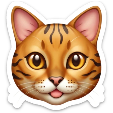 Cinematic Cute Bengal Cat Portrait Emoji, Head tilted playfully and inquisitively, sleek spotted brown and gold tones, Simplified yet adorable features, highly detailed, glowing with a warm, friendly glow, high shine, curious and affectionate, stylized with a touch of whimsy, bright and alert, soft glowing outline, capturing the essence of a mischievous yet loving kitten, so endearing it feels like it could pounce out of the screen and play! sticker