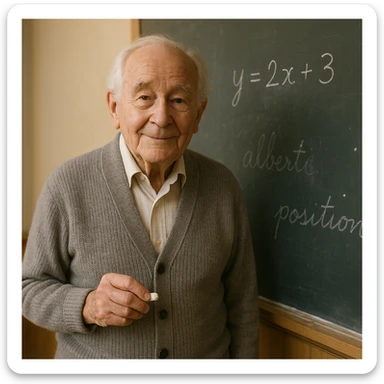 a senior teacher, 80 years old, with a kind face, chalk in hand, standing by a blackboard sticker
