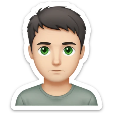 man with dark messy short hair, dark green eyes, wearing a gray t-shirt sticker