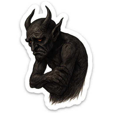depressed pessimistic demon with dark sneering features, vicious eyes, sad guilty demeanor sticker