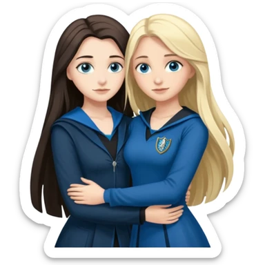 a pretty ravenclaw girl with long dark brown hair and blue eyes standing with a hot Slytherin girl with long blonde hair, blue eyes and big boobs  sticker
