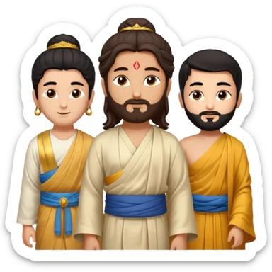 Create a Jesus, Krishna, and Buddha standing together. Buddha: warm golden or light tan skin, dark curled hair with a traditional top bun (ushnisha), half-closed meditative eyes

 sticker