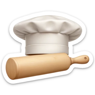 Cinematic Realistic Chef Hat & Rolling Pin, crisp white cotton hat with soft folds, resting beside a classic wooden rolling pin with smooth, polished curves, a light dusting of flour adding authenticity, warm kitchen lighting casting gentle shadows, glowing with a cozy and inviting charm. sticker