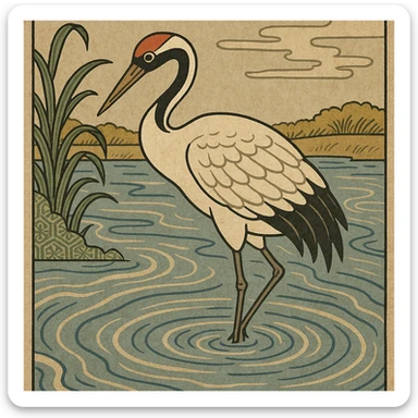 ukiyo-e style illustration of a crane bird standing in water sticker