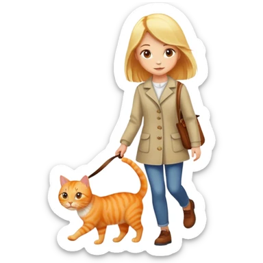 Blonde girl walking an orange cat sticker