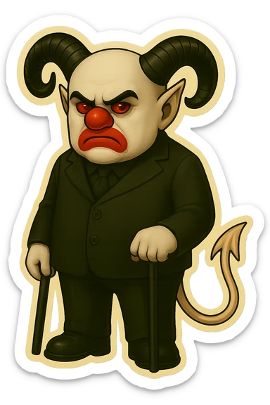 Edit the character so the area around his mouth is red instead of black. Keep the rest of the design the same: evil clown wizard with white skin, stoic and frowning expression, black suit, horns and tail, retro sticker style, transparent background, no pentagrams. sticker