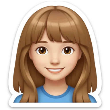 smiling girl with light brown hair, bangs, and long hair sticker