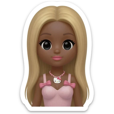 hello kitty necklace, doll eyes, Doll, big chest, dark brown skin, long blonde hair without bangs,  black cute eyes, pink bows with cute lips sticker