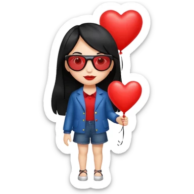 black hair girl with sun glasses holding red heart balloon sticker