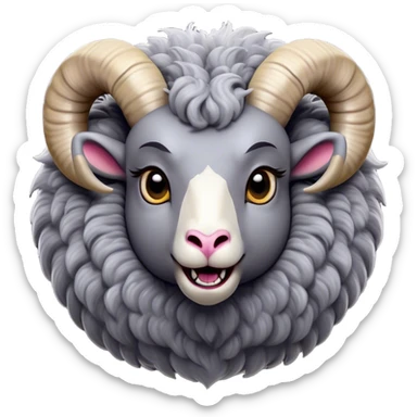 Cinematic Comical Ram Portrait Emoji, Head tilted dramatically with an exaggeratedly amused expression, featuring a striking woolly grey fur with impressively curled horns, wide, expressive dark eyes filled with playful disbelief, Simplified yet hilariously expressive features, highly detailed, glowing with a slightly sassy glow, high shine, dramatic yet playful, stylized with an air of cheeky mischief, bright and endearing, soft glowing outline, capturing the essence of a spirited and over-the-top ram, so meme-worthy it feels like it could butt its way into internet fame instantly! sticker