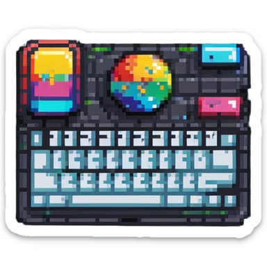 Colorful IT tech badge pixel art with simple keyboard symbol, vibrant colors sticker