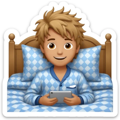 emoji- of a smiley boy waking up in bed sticker