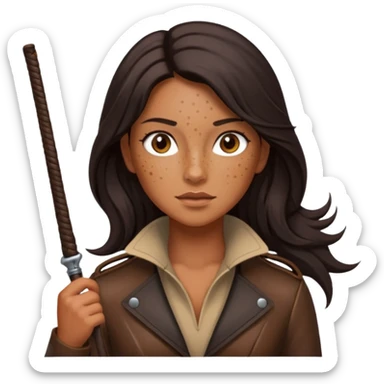 Tan skin with freckles, long dark hair, hazel eyes Dominatrix with a whip sticker