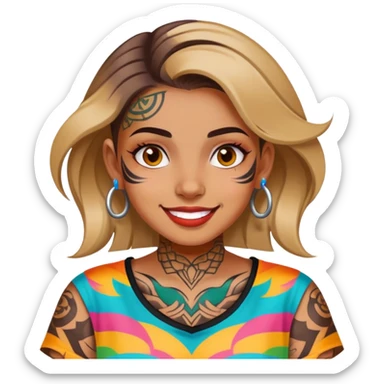 girl with bold face tattoos, happy face, wearing a colorful shirt sticker