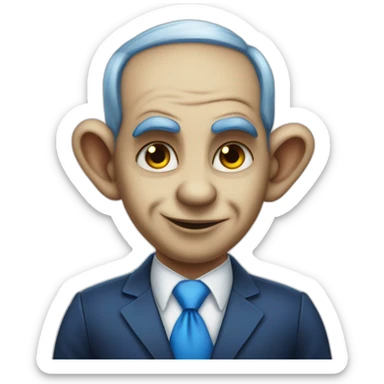 Bibi Netanyahu with horns and clown makeup with blue tie and stern face sticker