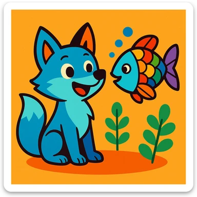 a cute blue fox and a rainbow fish as friends, playful and friendly, vibrant colors, cartoon style sticker