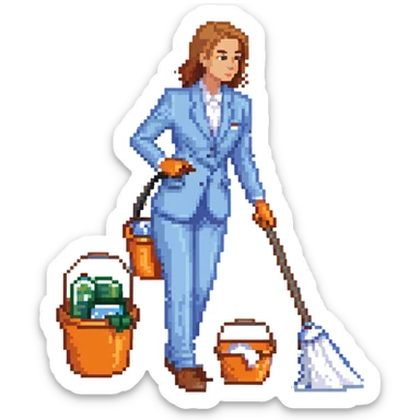 light-skinned woman in a light blue suit cleaning sticker