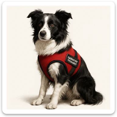 border collie with a red emotional support vest, sitting, alert, detailed fur, white background sticker