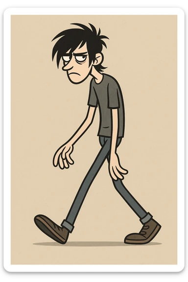 stylized tall skinny man with messy emo hairstyle walking, moody vibe, casual clothes, flat toon style sticker