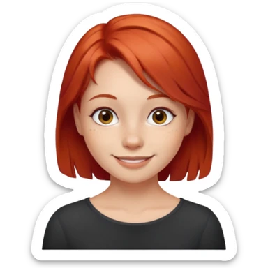 smiling girl in indoor setting red hair, mole on the right cheek sticker
