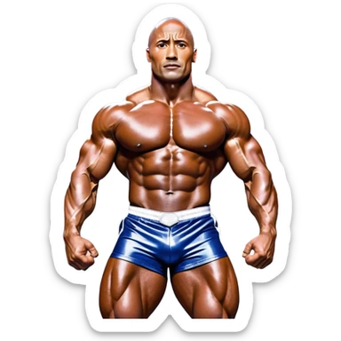 Dwayne Johnson, covered in oil, on stage at a Mr. Universe bodybuilding competition, striking a 'Side Triceps' pose. His defined muscles gleam under the bright lights, with the audience and judges in the background, capturing the intense focus and strength of the moment. Transparent background. sticker