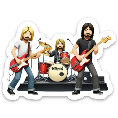 Icon for Rock Music: Nirvana performing on stage with Kurt Cobain on guitar and vocals, Krist Novoselic on bass, and Dave Grohl on drums. A grunge-inspired vibe with dynamic stage lighting and musical energy. Transparent background. sticker