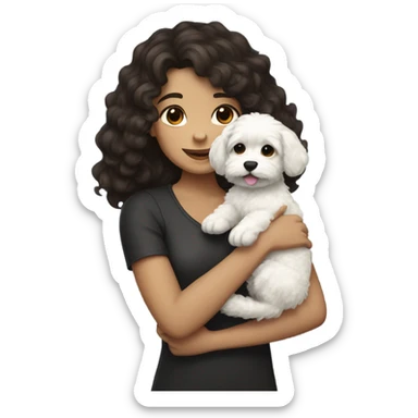 girl with wavy dark brown hair hugging a shi-poo puppy with black fur and white fur in the middle of his chest sticker