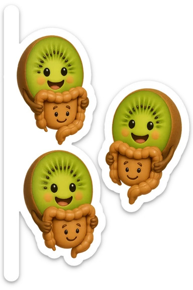 emoji stile iphone di kiwi fluttuano in aria tenendo in mano un pezzo di colon con espressione felice in volto, iperrealistico 4k sticker