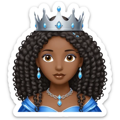 Por favor hazme el emoji de la princesa pero morena con el pelo negro y rizado y largo, los ojos marrones y la corona plateada con jollas azules sticker