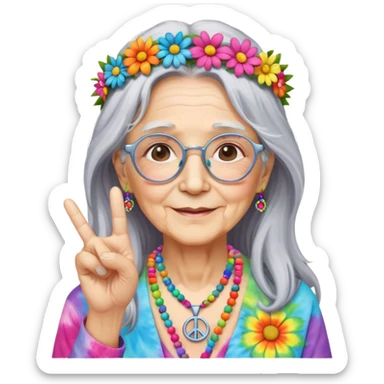 Elderly woman with long gray hair, peace sign necklace, colorful tie-dye clothing, round glasses, flower crown, hippie grandma sticker
