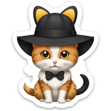 Chat blanc avec des tâches noir en costume, neud papillon et chapeau. sticker