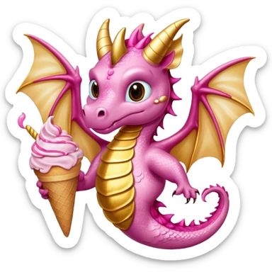 A dragon with its shiny glittered wings in pink tones and pink and gold legs, eats vanilla and chocolate ice cream sticker