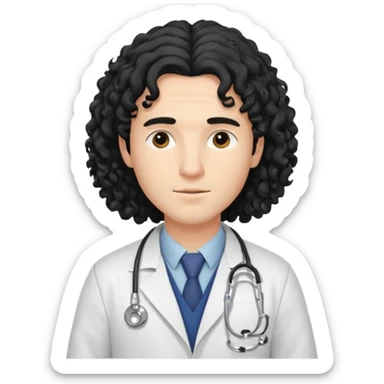A young male slim doctor with long black curly hair hair which covered his forehead sticker