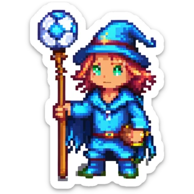 pixel art of a soccer player with a wizard staff and magical aura sticker