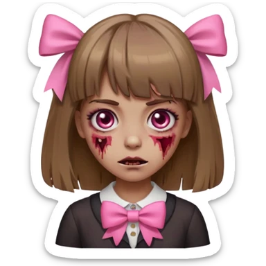 zombie girl with bangs, medium light brown hair and a pink bow, emoji style sticker