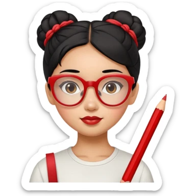 Morena girl with black hair that's in a bun style, with a pencil holding the bun in place. she has a cute rectangular red glasses sticker