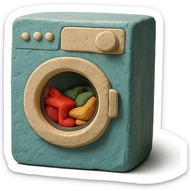 washing machine in claymation style with clothes peeking out, matte finish, soft lighting sticker