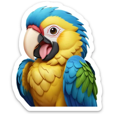 Cinematic Cute Yawning Macaw Portrait Emoji, Head tilted slightly with a dramatic, wide-open yawn, showcasing resplendent feathers and sleepy, half-closed eyes brimming with relaxed elegance, Simplified yet irresistibly adorable features, highly detailed, glowing with a soft, cozy tropical glow, high shine, relaxed yet expressive, stylized with a hint of whimsical charm, soft glowing outline, capturing the essence of a drowsy yet affectionate macaw that appears ready to stretch out for a nap! sticker