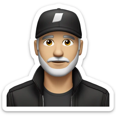 An adult white skin portrait of male with stubble and a slightly gray beard, brown hair, black eyes, wearing a black Reebok cap with a round emblem on his head, and a black leather jacket and stand collar. sticker