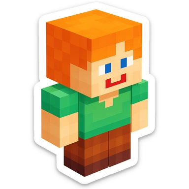 Alex from Minecraft, 3D blocky voxel style, orange hair, green shirt, brown pants, facing forward, smiling expression, classic Minecraft look sticker