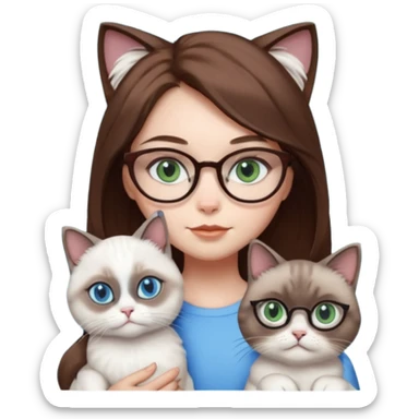 O data cu parul saten ,ochii griji-albastrii ,ochelari și codițe de pisica ..și langa o pisicuță alba pufoasa ,cu ochii verzi și o a doua pisica siameza pufoasa cu capul maro -negru și coada ,restul corpului un maro deschis spre alb  , ochii albaștrii  sticker