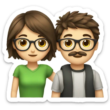 A boy with brown hair and a mustache is kissing a green haired girl wearing glasses sticker