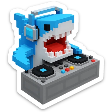 voxel style shark with dj set, open mouth, blocky, blue and silver, no background sticker