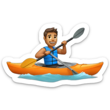 fit man paddling a kayak, orange kayak, front perspective, visible water sticker